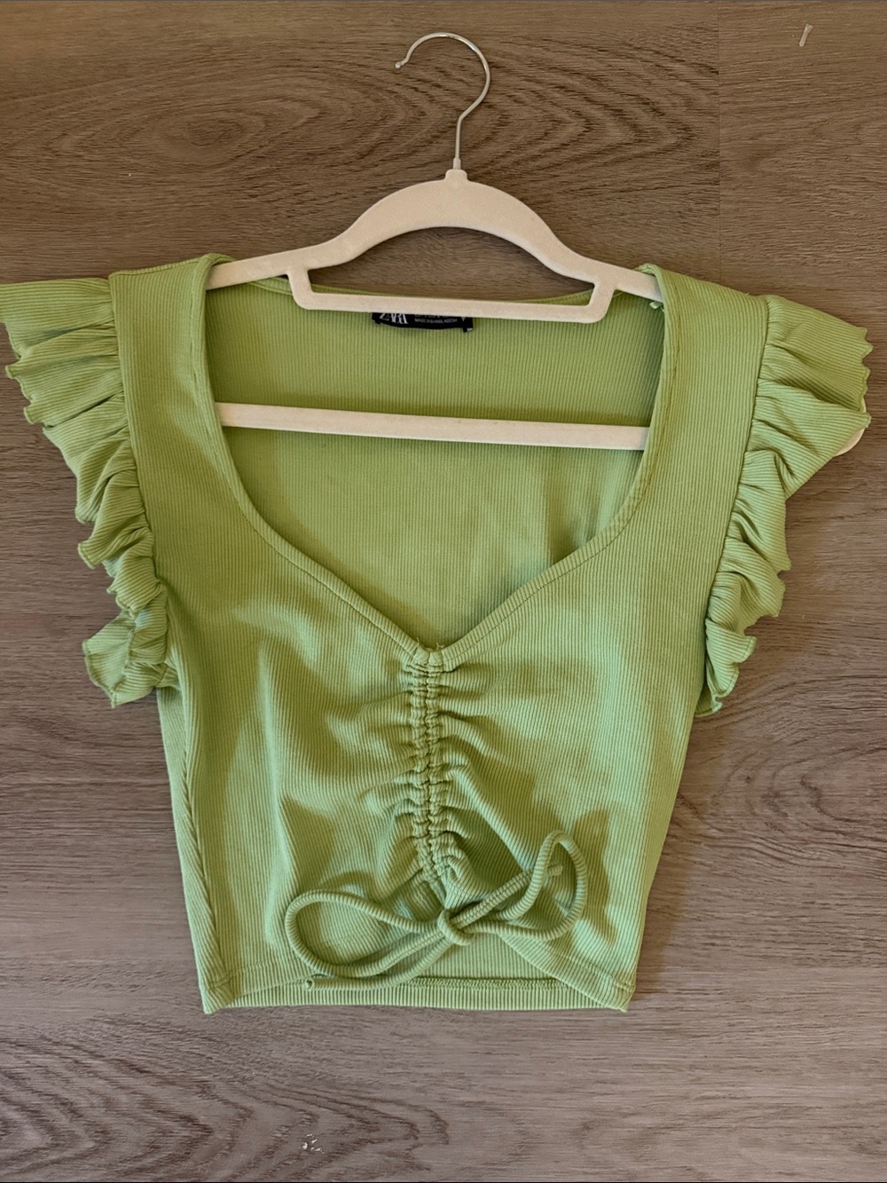 Zara Lime Green Ruched V-Neck Crop Top with Ruffle Sleeves